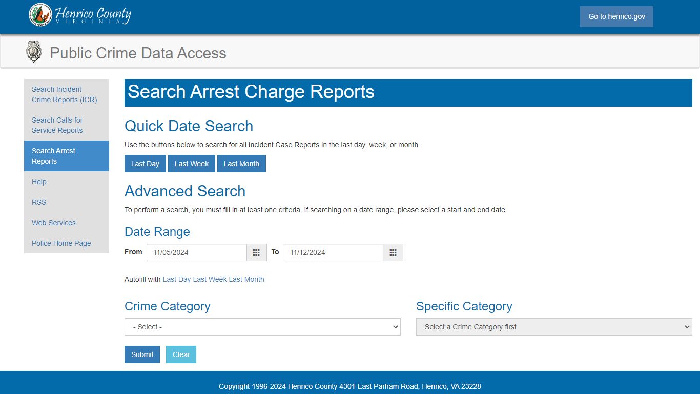 Arrest Charge Report Search - Henrico