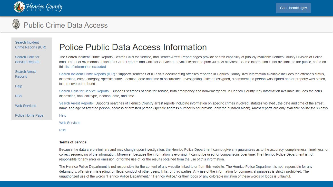 Henrico - Police Public Data Access Information